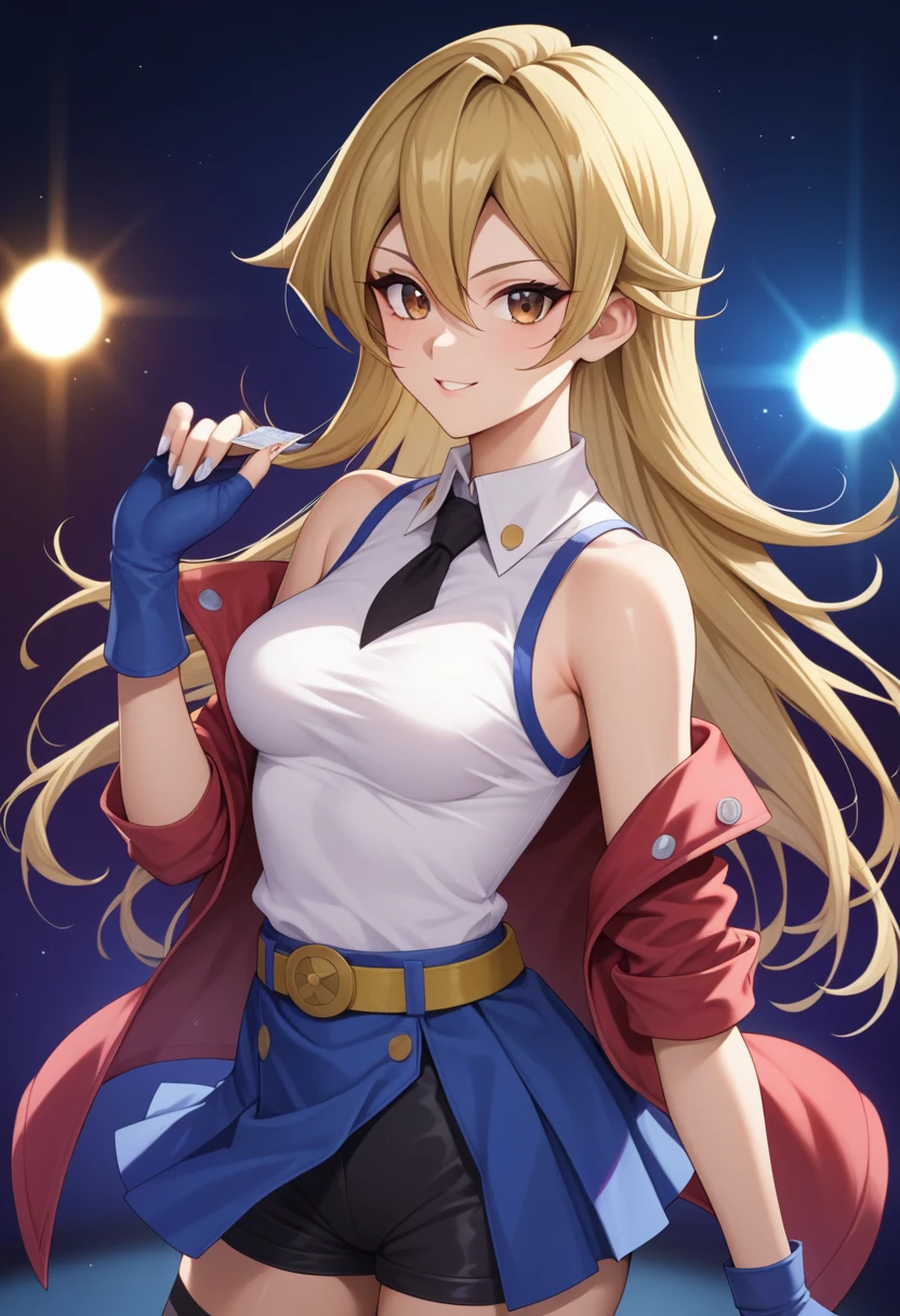 score_9_up, score_8_up, score_7_up,score_6_up, score_5_up, score_4_up , 1girl, solo, tenjouin asuka, yu-gi-oh!, duel academy uniform \(yu-gi-oh! gx\)
brown eyes, long hair, blonde hair, brown hair, hair between eyes, straight hair, breasts, medium breasts, shiny skin, nail polish, fingernails, white nails, shirt, skirt, gloves, bare shoulders, school uniform, white shirt, sleeveless, miniskirt, fingerless gloves, blue skirt, sleeveless shirt, turtleneck, blue gloves, aarei, long hair, blue hair, brown eyes, small breasts, collared shirt, yellow shirt, red jacket, sleeveless, belt, black shorts, black thighhighs, flirting, cowboy shot, stage lights, concert, stage