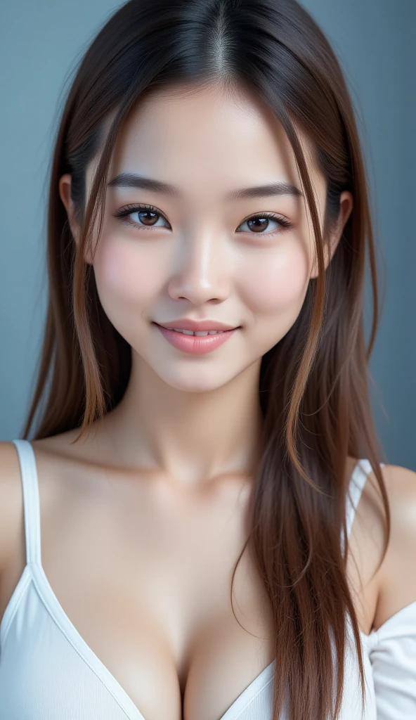 A photo of a young east-asian woman with smooth, pale skin and a warm, inviting smile. Her long, straight hair is a soft brown, tied back loosely with a white ribbon, allowing a few delicate strands to fall naturally over her forehead. Her large, almond-shaped eyes are expressive and framed with subtle makeup, highlighting her lashes and light eyeliner. She has a gentle glow to her complexion, accentuated by the natural sunlight, giving her a radiant and healthy appearance. Her lips are slightly parted in a soft smile, showcasing a warm, friendly demeanor. She is wearing a simple, elegant white top, further enhancing her natural beauty without overpowering her features. The background is a muted, soft blue, focusing all attention on her serene and graceful face.