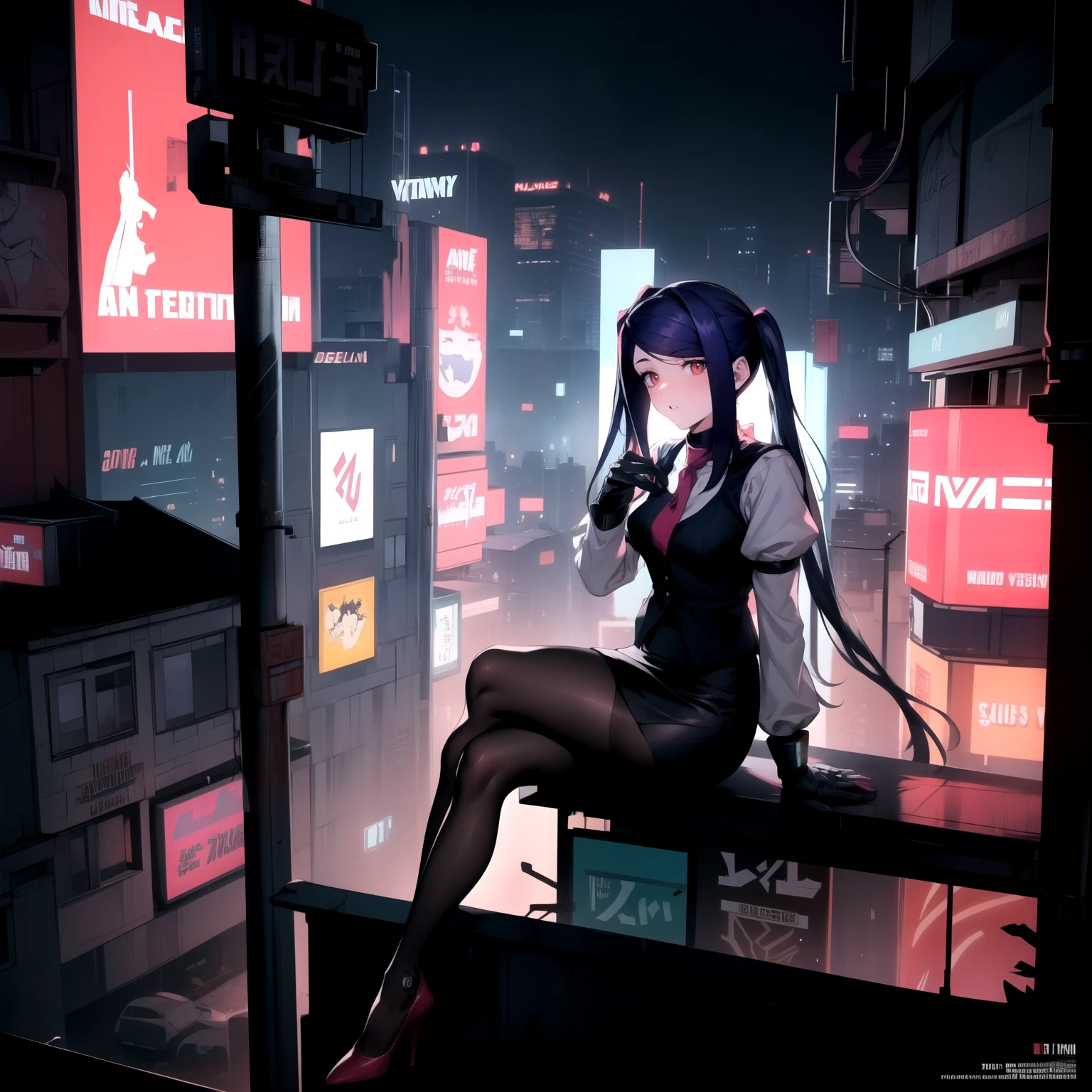 (Masterpiece), Va-11 hall-a, defJill, twintails, turtleneck, collared shirt, long sleeves, red necktie, vest, black skirt, pantyhose, Full body SHOT, (Solo), (sitting on top of a neon billboard that's on top of a rooftop overlooking the neon city), (Night), (Far Away Camera), cyberpunk art style, digital cyberpunk anime art, cyberpunk horror style, dark cyberpunk art style, neon,