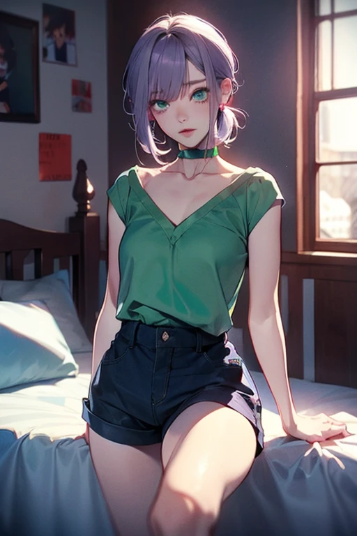 (Best Quality)、(Best Quality)、cut、 Chainsaw Man、cute、( choker).Emerald eyes、Her hair is purple 、 short bob、beautiful　whole body、  Details、強力な  Details、cut、(( bed)).(( shorts)).