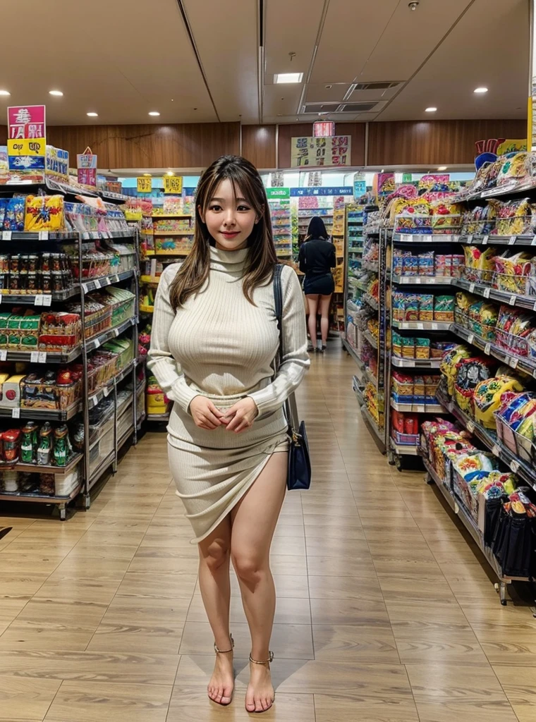 (Realistic, photo-Realistic:1.3), Super detailed, (Realistic skin),
 1 girl, 25 year old Asian woman, Curvy,  big breasts at the temple,  thin waist , 
 is standing,   TURTLENECK SWEATER ,  long skirt ,  has a shopping bag, 
 indoor, shop,