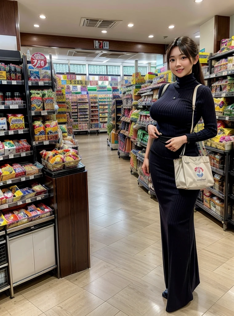 (Realistic, photo-Realistic:1.3), Super detailed, (Realistic skin),
 1 girl, 25 year old Asian woman, Curvy,  big breasts at the temple,  thin waist , 
 is standing,   TURTLENECK SWEATER ,  long skirt ,  has a shopping bag, 
 indoor, shop,