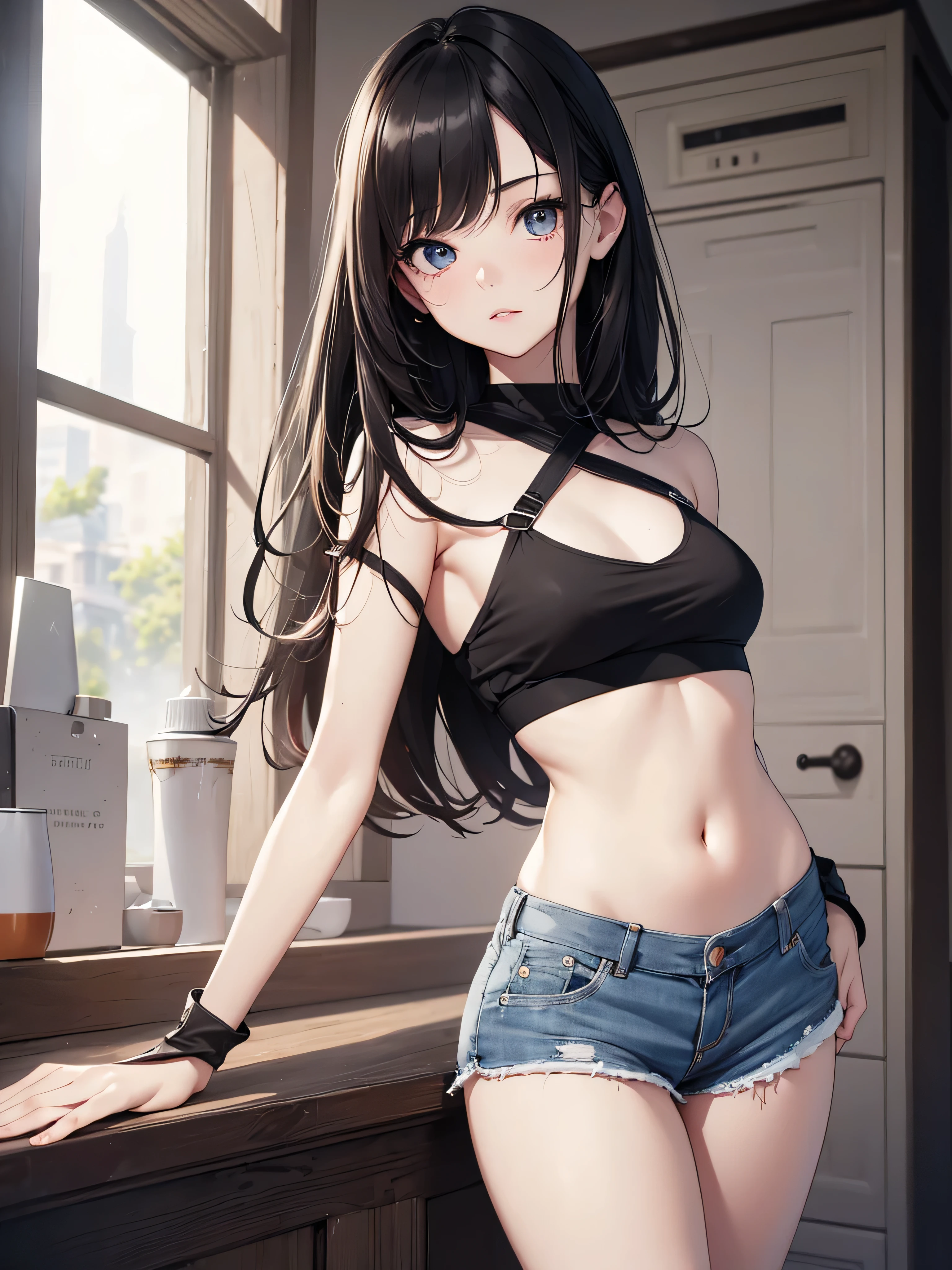 (​masterpiece), best quality, 1girl, , 8--old,te petit g, flat breast, black hair, very long hair, looking at viewer, 
No wearing bra, No wearing panties, Nipples protruding through the clothes, covered erect nipples by the lace ruffles, breast is visible lower the ruffles, strapless tank top, white lace clothes, exposing the collarbone, navel, exposing the waist, I can't see the string around her waist, 
she are wearing hot pants, Denim micro mini shorts, extreme low leg cut shorts, extreme low rise shorts, extreme short shorts with V-line visible, shorts are unbuttoned, she are zip down the shorts, open the front of shorts, she pulls down her shorts, her crotch is visible because she takes off her shorts, pussy is visible, white thigh high socks, dildo under the shorts, 
downtown, 