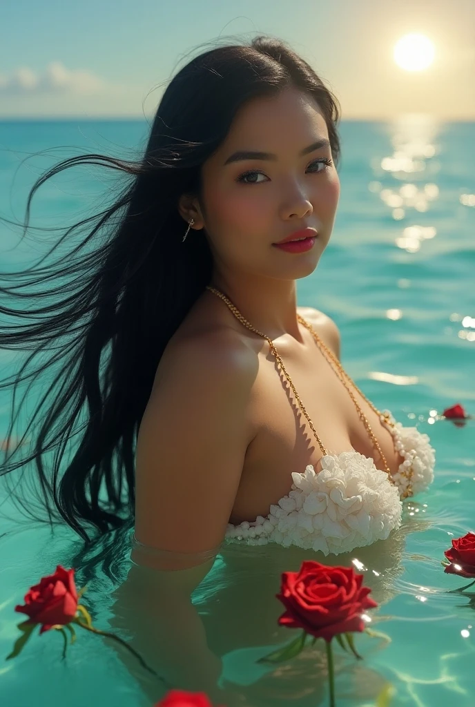 (extreme wide shot:1.3),(the ocean:1.3),(Cut flowers floating in water:1.3),(huge breast:1.6),(tanktop:1.6),(super highponytail hair),(forehead),Necklace,Bohemian Earrings,grin,darkskinned,top-quality,(((masutepiece))),8K,Photorealsitic,thai Women:1.7,(thin eyebrows),(dark red lips:1.3),(Sunburned skin:1.3),