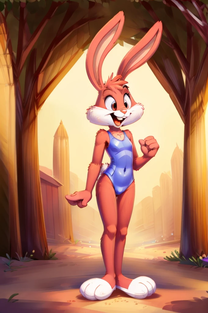 Rabbit is a slim skinny cartoon girl in a tight lycra swimsuit on the beach with a happy face, big feet,  full-length striped fluffy tail 