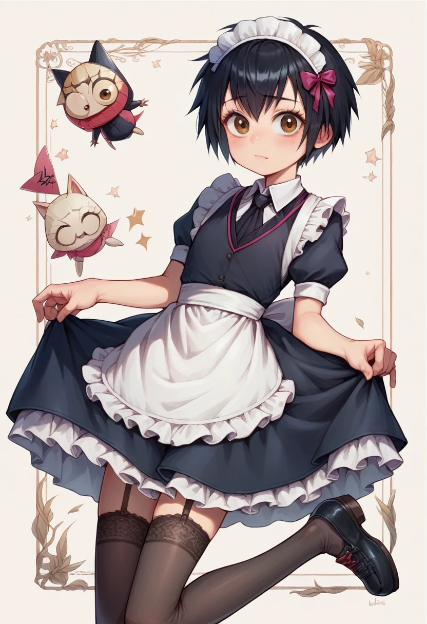 Anime style.  Peni parker,short  black  hair,   face , (loli body ) flat chest, victorian maid uniform,  garterbelt , lace stockings. 