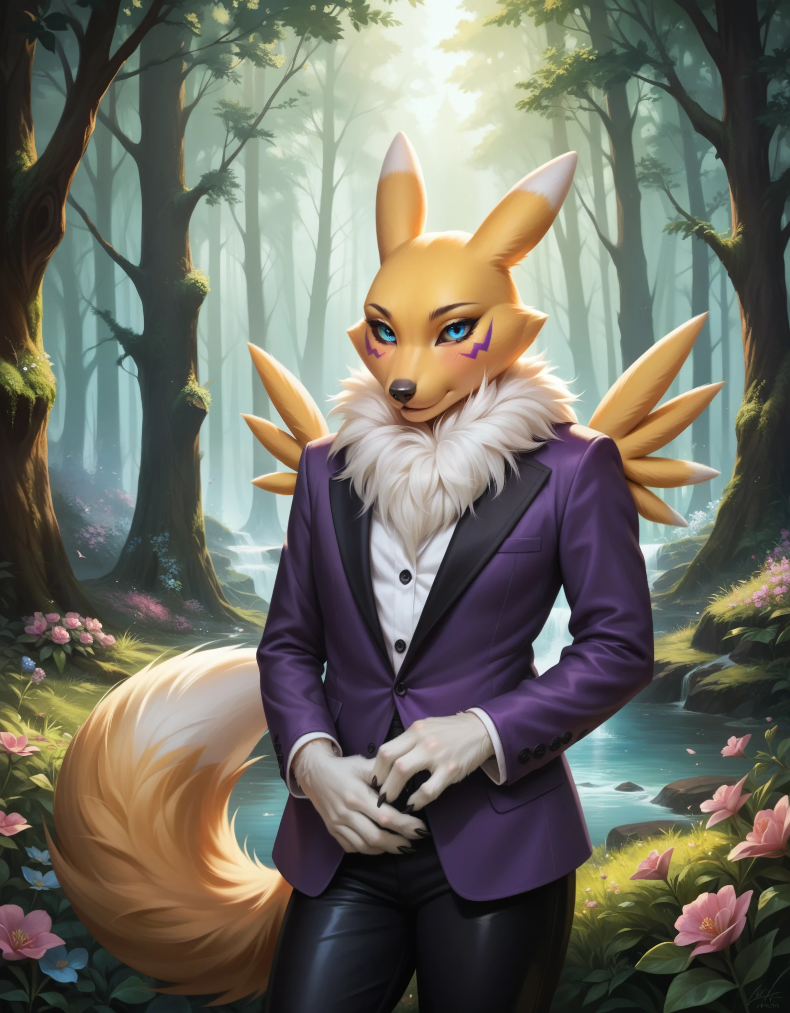 score_9, score_8_up, score_7_up, source_furry, rating_safe, realistic, photoreal, anthro, an anthro renamon standing in a flower filled clearing in a forest,  renamon, detailed fingers, hyperdetailed fur, , blushing