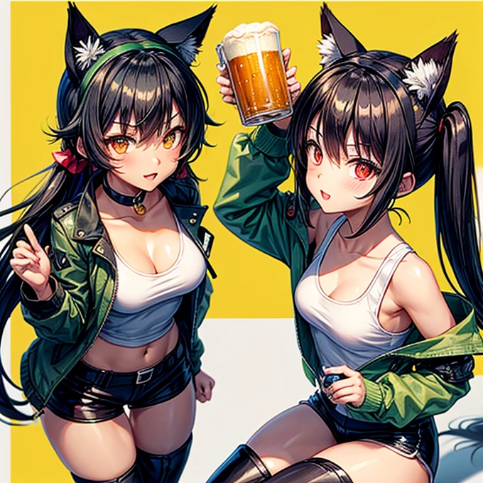 ((highest quality)), ((masterpiece)), (be familiar with), (High definition), 8K, (Accurate), (Realistic), Perfect Face, Cinematic, Best Shadow, (Complex:1.4), 2人のCat ear金髪女性, tall, Cat ear, Blonde Long Hair, Voluminous hair set, Big cleavage, Narrow waist, Big Ass, glamorous, Alluring, Bikini Protector、tactical suit、Combat Boots、Armament、Decadent future world, NEO TOKYO, Two people sitting on top of a large tank and drinking alcohol, (smile), Cherry Blossom Viewing, Cherry tree