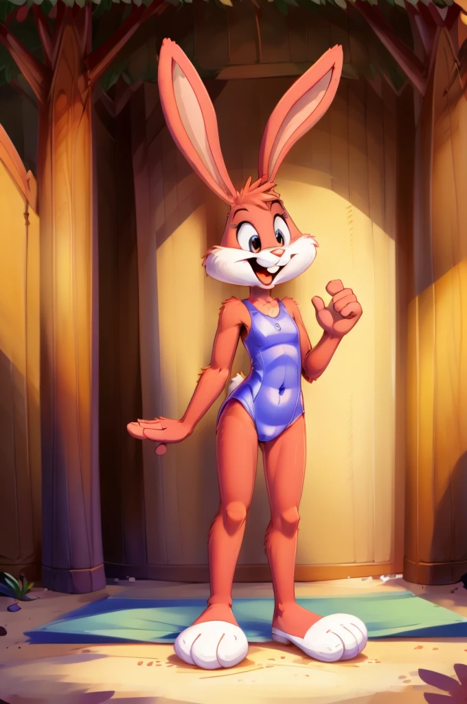 Rabbit is a slim skinny cartoon girl in a tight lycra swimsuit on the beach with a happy face, big feet,  full-length striped fluffy tail 