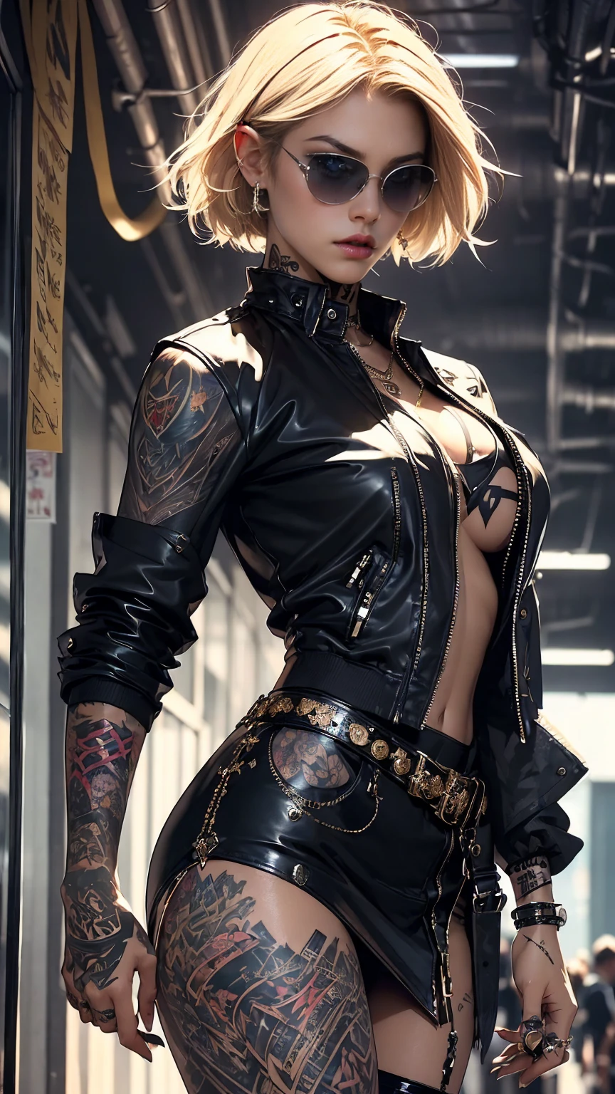 Cute punk scull, 36k, portrait Vanessa Lachey, (BLONDE HAIR TIED IN PONYTAIL),, FRONT OPEN mad max jacket,CAN SEE CLEAVAGE WEARING ONLY JACKET OPEN IN FRONT NO SHIRT renaissance, cables on her body, hyper realistic style, oil painting, fantasy by olga fedorova