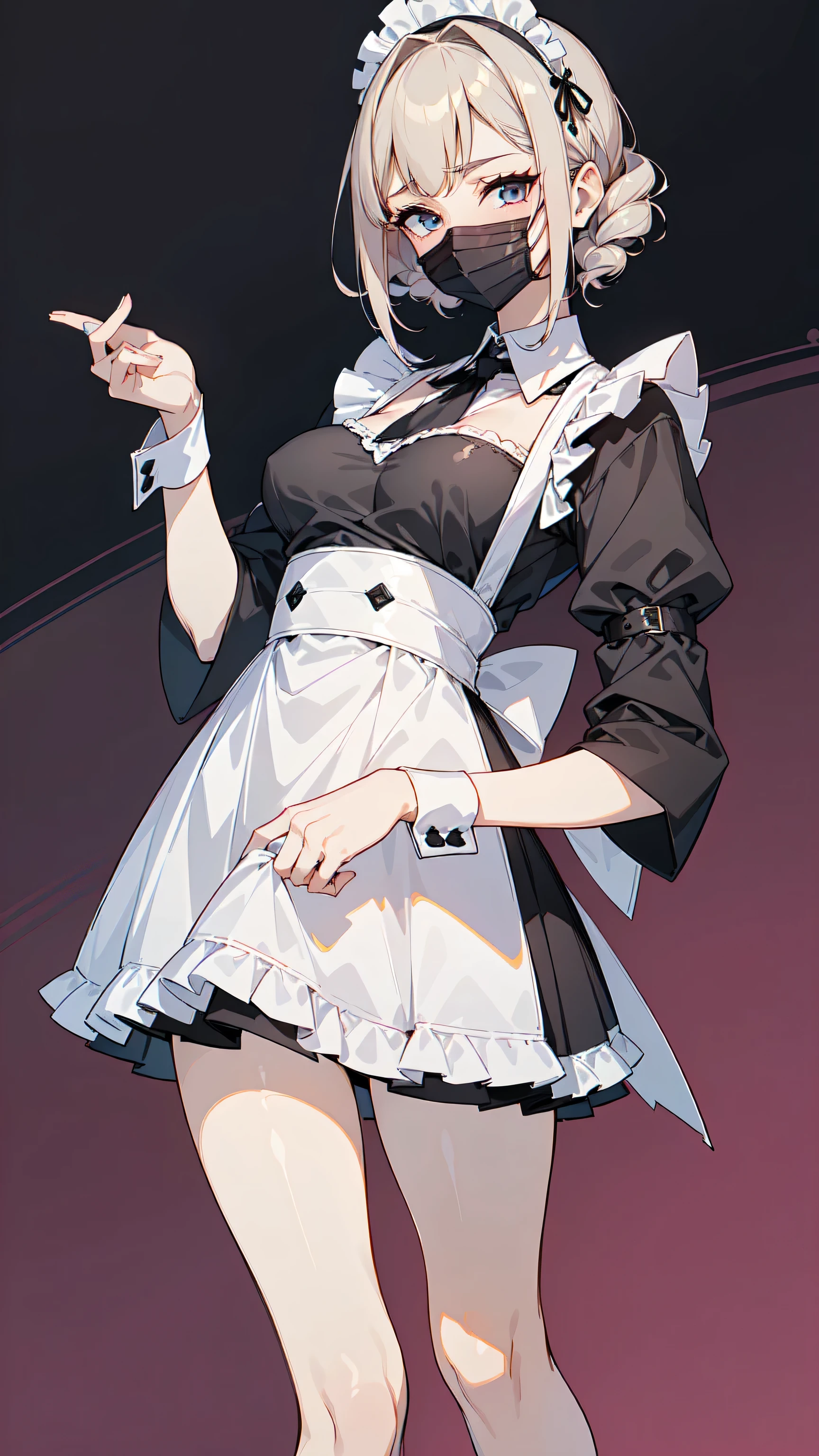 (masterpiece, best quality, ultra high quality, 1girl, solo), (((성숙한 28세 여성))), (fair skin with a hint of pink), ((Her height is 168 cm.)), (((small face))), (((She has good body proportions.))), (straight bob haircut), (((silver blonde hair))), ((no bangs)), (skyblue eyes), (mascara), (big breasts:1.6), (wearing short victorian black mini skirt), (maid), (black apron), (The peaceful country mansion), (with exposed chest), (((black mask))), (Beautiful leg line), v-sign, (((저택 내부의 햇빛이 잘 들어오는 침대가 하나 있는 방의 풍경))), (실내)