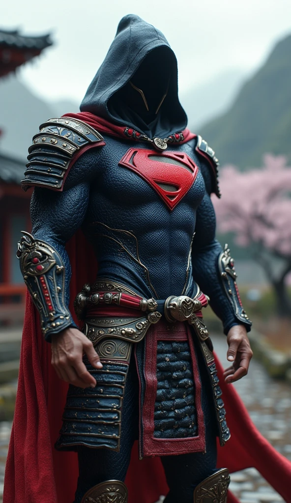 Create an ultra-realistic, wide-shot image of Superman reimagined as a powerful Samurai warrior in ancient Japan. He wears a tactical samurai-inspired armor, blending traditional samurai elements with the heroic features of Superman. His armor includes a dark, high-tech hoodie that adds a mysterious shadow over his face, complemented by a chest plate emblazoned with a subtle but recognizable 'S' symbol. The armor is detailed with traditional Japanese designs, yet modernized with sleek, metallic edges and layered plating that resembles Superman's iconic suit colors. Superman holds a long, razor-sharp katana, the blade reflecting a brilliant glint as he stands ready, exuding both strength and nobility. The background captures the cinematic atmosphere of feudal Japan, with mist-covered mountains, traditional wooden structures, and softly falling cherry blossoms. The lighting enhances the drama, with a wide-shot framing that emphasizes Superman's powerful and stoic presence as a legendary Samurai warrior."