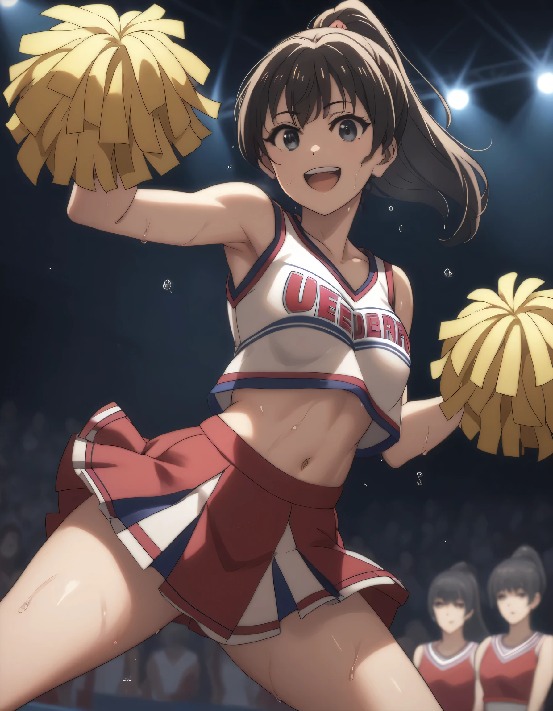 score_9, score_8_up, score_7_up, gsfghtr, cheerleader dress, 1girl, sweaty, smile, open mouth, dancing, cheerleader stage