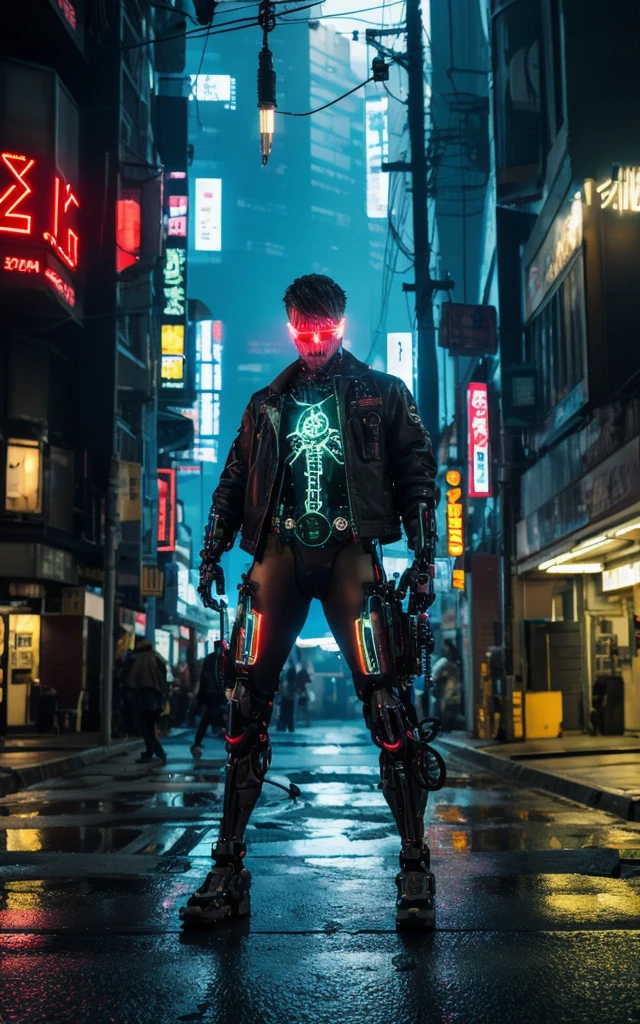 Cyberpunk-style figures with mechanized bodies stand out. The transparent skin allows you to see the circuits and cables, His eyes light up with colorful LEDs. The limbs are a mixture of flesh and metal., Equipped with advanced prosthetic limbs and cybernetic interfaces.  wears a black leather jacket , The person is、Set in a dystopian urban environment with collapsing skyscrapers. The image is、It represents the fusion of humans and machines in the futuristic world of cyberpunk  