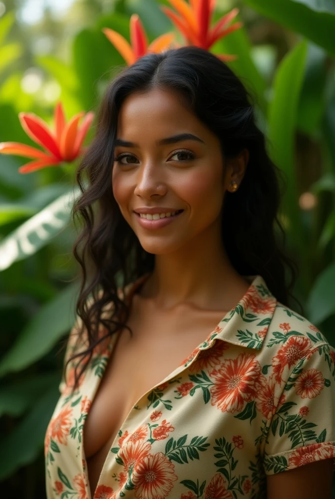A Brazilian woman in a lush tropical garden, wearing an open shirt with a floral print, with a close-up capturing the harmonious beauty between her breasts and the natural flowers, showing off your natural charm and outgoing personality.
