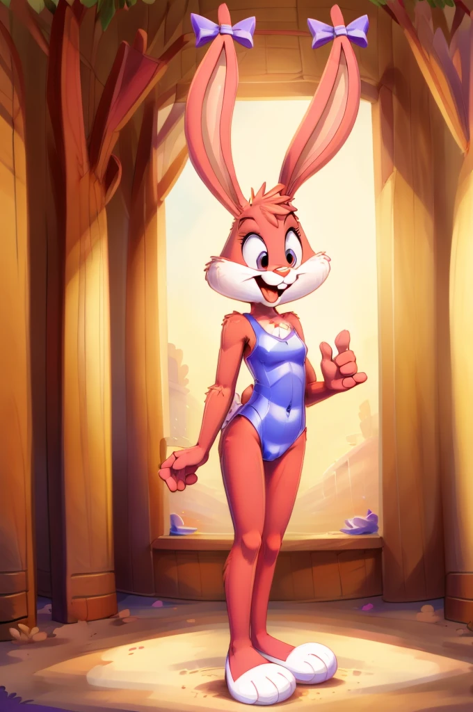 Rabbit is a full-length cartoon girl slim skinny in a tight lycra swimsuit on the beach with a happy face, big feet, bows on the ears 