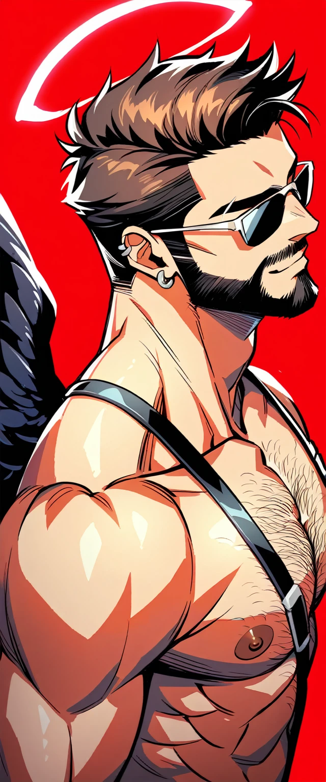 a bearded tattooed muscle cowboy with  angel black wings  posing,  SFW,  muscular man,  Perfect anatomy ,  balanced anatomy ,  hairy,  big breast, BDSM costume , bdsm kepi hat, Sunglasses,  black thong,black harness , big crotch, lewd expression,  muscular,  short haircut, bearded,  brown hair , piercings,  angel black wings ,  red background ,  high resolution, high quality, Masterpiece.