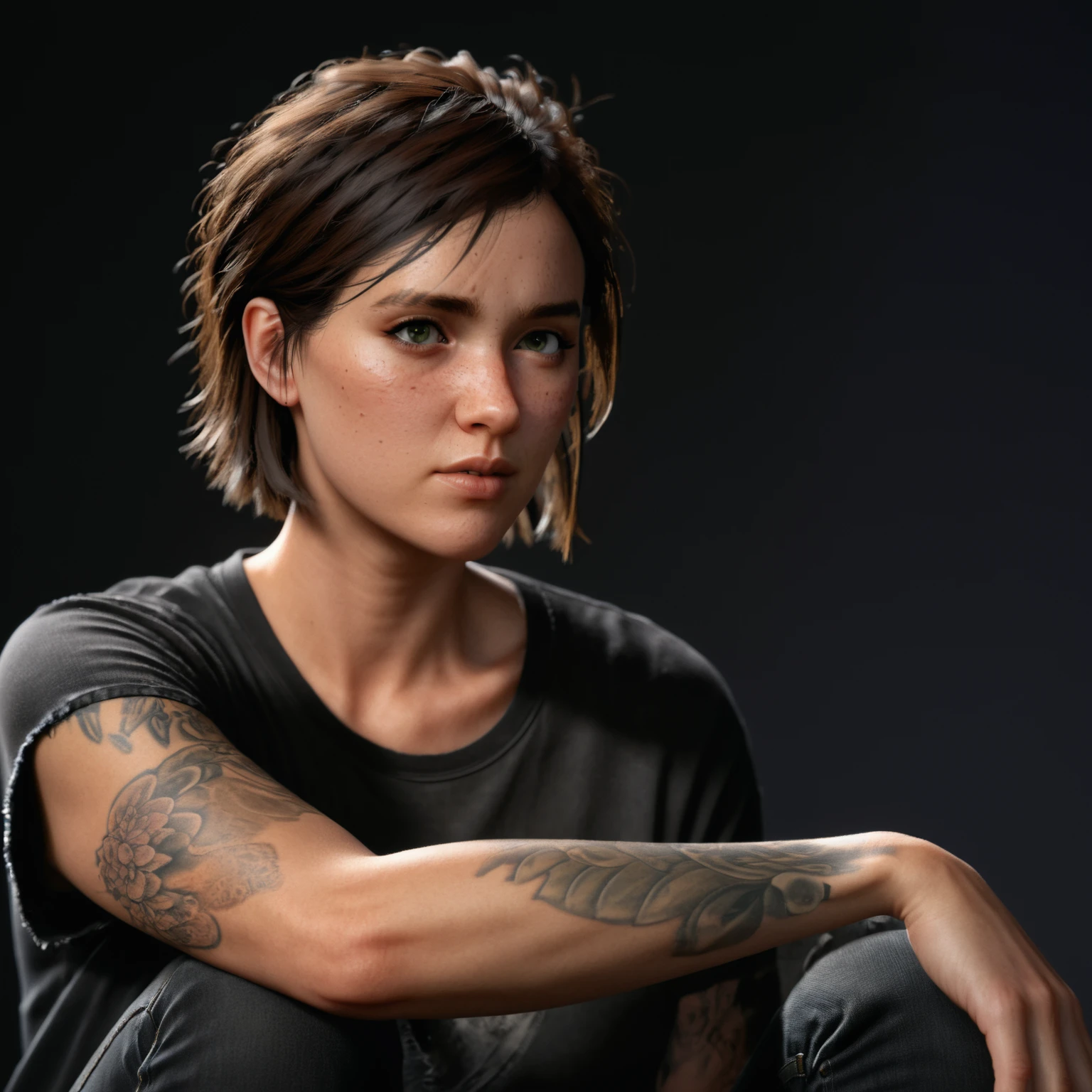 photo of ohxw, ellie, tattoo on left arm, woman, black jeans, close up, , short hair, face details, low key lighting, 