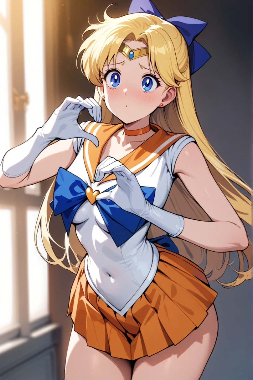 masterpiece, Best Quality,  are so beautiful, Absurd,  in awe , Long Hair,  blonde hair,  hair bow,  tiara ,  blue eyes,  earrings for a woman alone,  Orange Choker, clavicle, Orange sailor collar,  blue bow tie ,  white shirt ,  white leotard with transparent genitals,   evening dress , White gloves,  pleated skirt,  orange skirt,  Heart Hands,