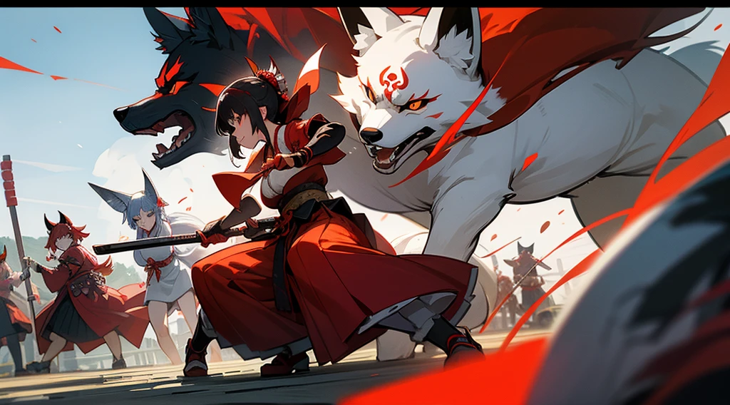 Dark hair，Komono，shrines，Komainu，Confetti，Red Eyes，Woman with perfect body shape