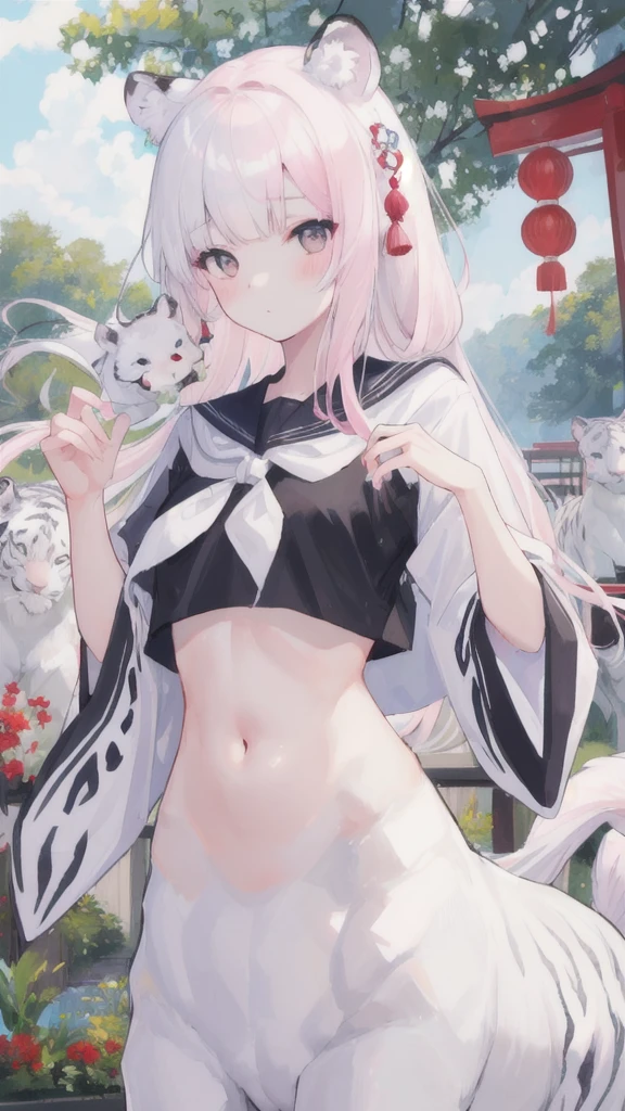 (best quality, masterpiece), 1 girl, centaur, It takes, White skin, Korean ,exposing the abdomen,belly button t-shirt, 아름다운 소녀 perfect white tiger photo, perfect white tiger photo