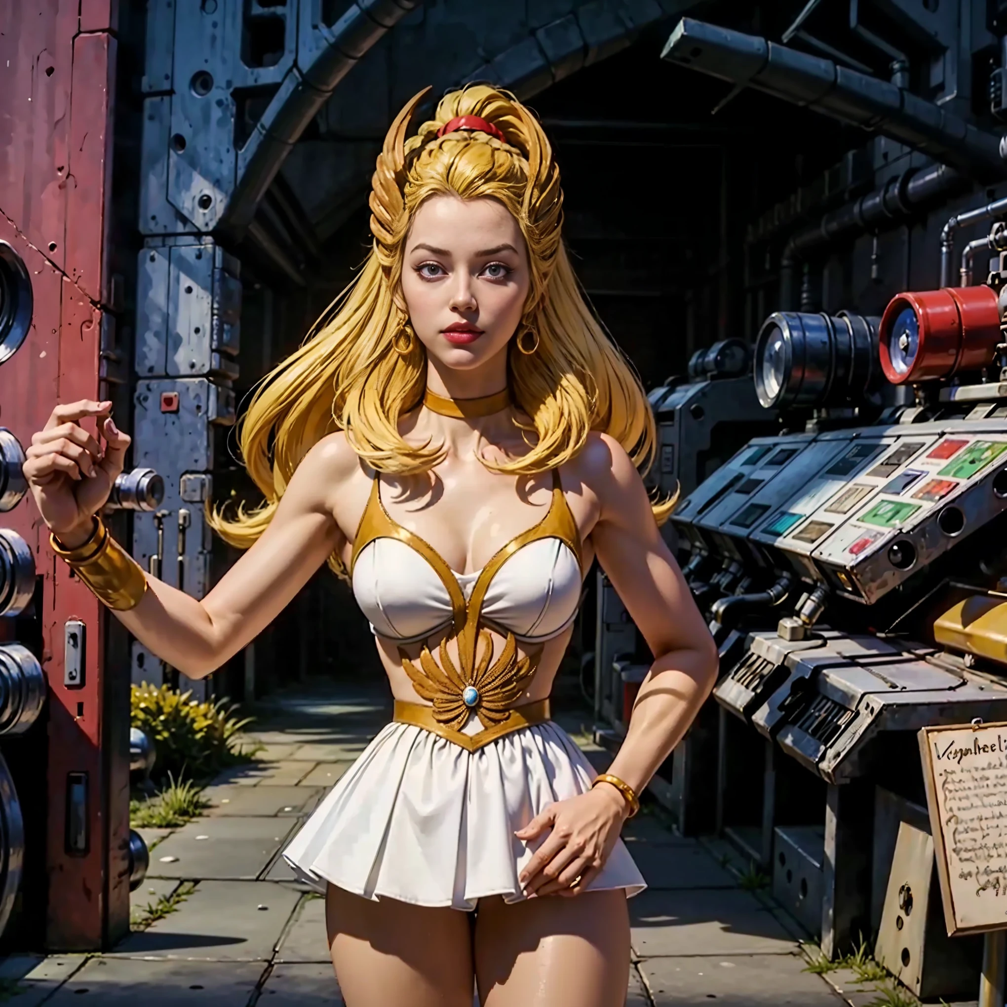 raw photo of a 1girl,
blonde, white dress, choker, she_ra,
sexy front facing standing pose, front shot
smug smile,
tall , (muscular body:1.3), (femenine hands:1.3),
skindentation, narrow waist, thighs, wide hips, half eye close, eyeliner, eyelashes, perfect face, detailed eyes, facial lighting, lace gstring panties
looking at viewer (masterpiece, high quality:1.2) , enchanted colorful forest ,