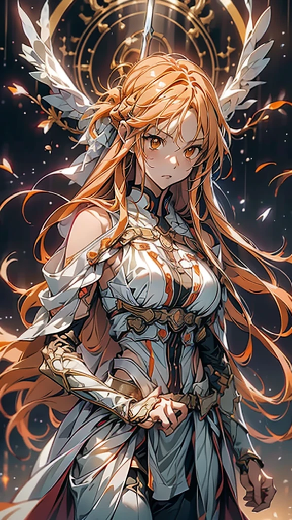 masterpiece, Best Quality, Mischievous girl ,  has long orange hair and orange eyes  ,  Yuuki in the anime girl's white armor and white pants costume ,  Yuki in costume  from Sword Art Online,  Yuki in costume  , Torn Armor, Underarm Details , Detailed aspect ,  detailed eyes on board, 、Big Breasts、  has a sword in her hand 、Angel's Four Wings  、  Has a Sword 