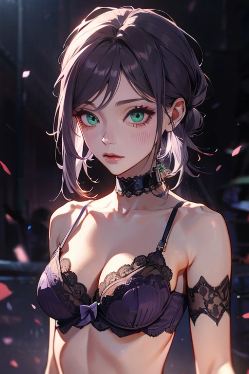 (Best Quality)、(Best Quality)、cut、  Chainsaw Man、cute、(  choker). Emerald Eyes 、Her hair is purple  、  short bob、beautiful　whole body、   Details、強力な   Details、cut、((( Purple lace underwear)).