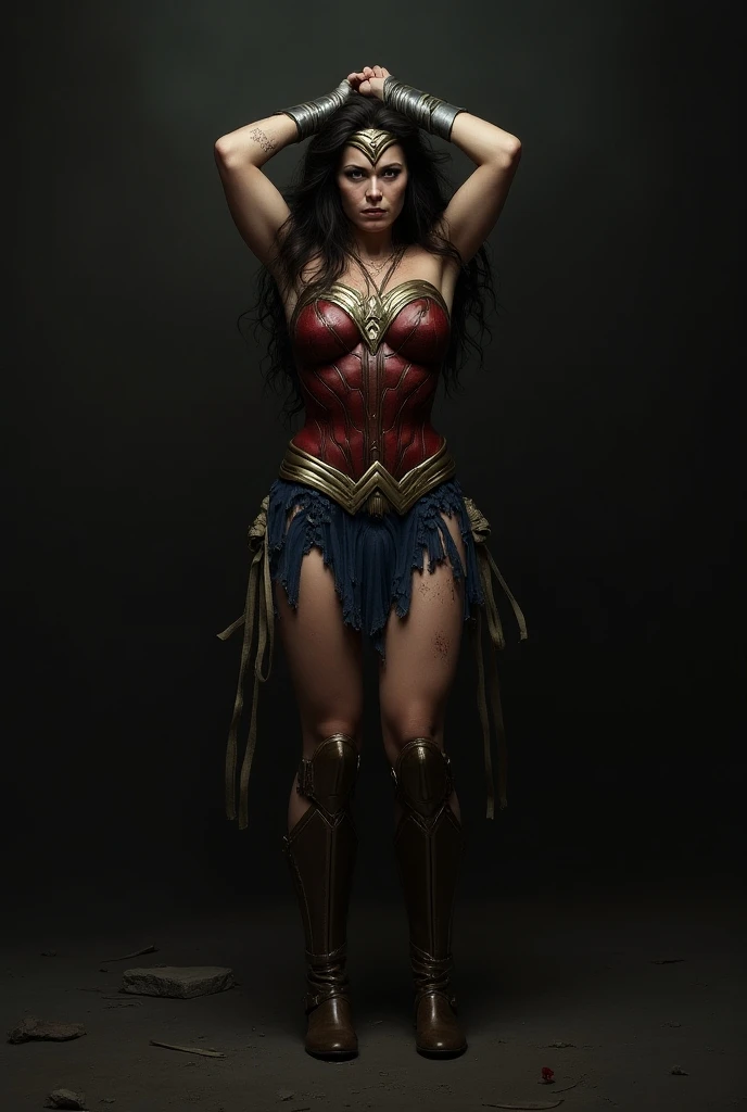 ((Full-length photo, standing, feet on the ground)) Washington DC Wonder Woman kneeling, Handcuffed and fully tied with hands up in prison, sexslave