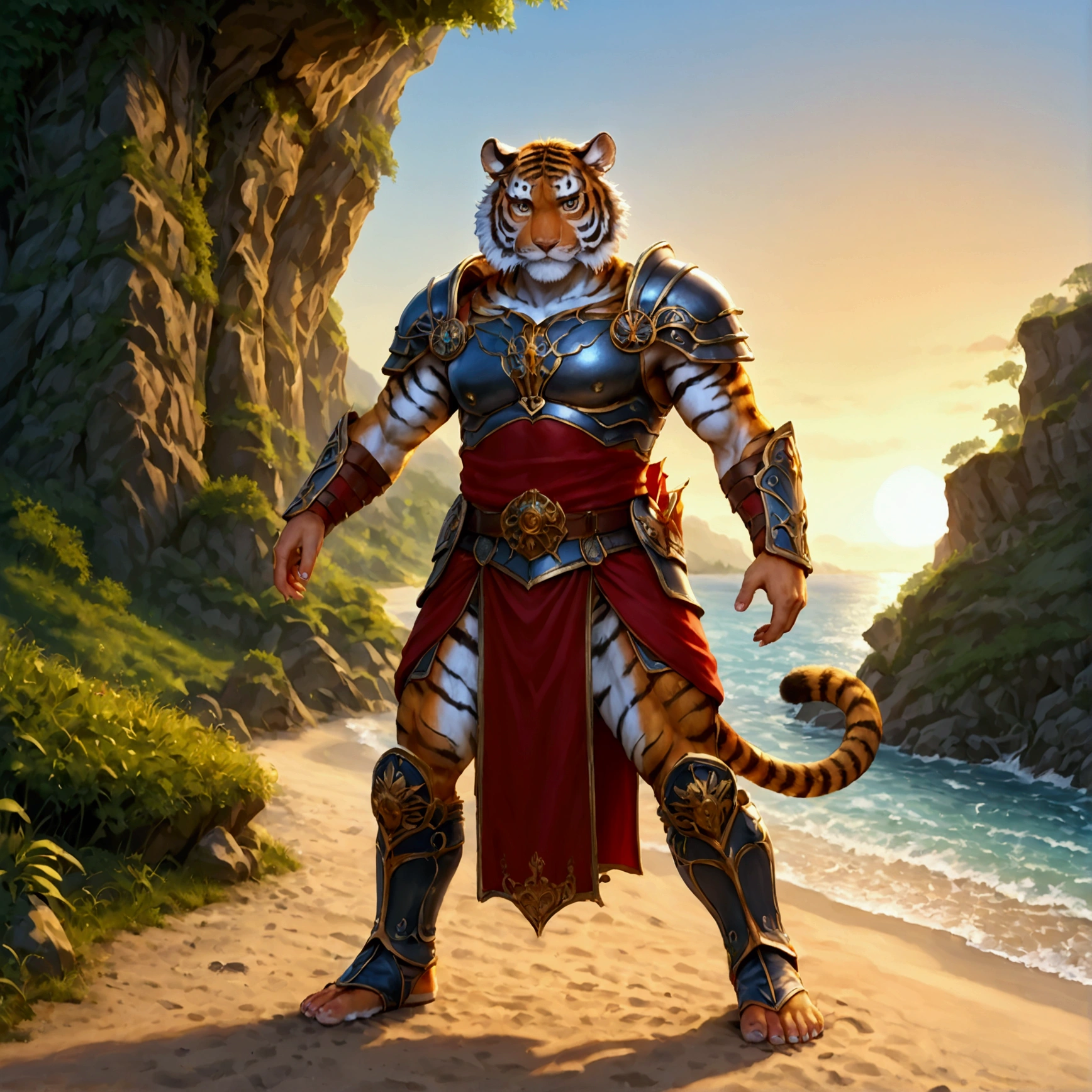 character focus, full body, looking away, various angle, european fantasy, a plump middle-aged tiger man, clothed, heroic costume, full armor, pants, dynamic pose, BREAK complete anatomy, perfect proportions, beautiful thigh gap, fluffy body, intricate fur details, beautiful fur texture, BREAK a detailed tiger tail, detailed boots, detailed foot, detailed hands, 5fingers, 5fingers nails, BREAK aesthetic anime face, insanity detailed face, male face, big face, square jawline, aesthetic anime eyes, detailed brown eyes, detailed brown cornea, detailed dark brown irises, detailed pupils, male eyes, big eyes, male eyebrows, innocent look, beautiful beard, BREAK full body in Michelangelo Buonarroti style, digital illustration anime, housamo style, detailed painting landscape, beach, path, outdoor, full color, HDR, BREAK masterpiece, official art, best quality, very aesthetic, absurdres, super fine illustration, great quality, BREAK noise reduction, very highres, large filesize, high quality, 32K, 8k wallpaper, dynamic lighting, BREAK insanity detailed, ultra detailed, intricate details, extremely detailed, detailed texture, an extremely delicate and beautiful, BREAK osukemo, e621 illustration, kemohomo, anthropomorphic, furry, cartoon, harmonious body, pastoral face, virtuous eyes, epic atmosphere