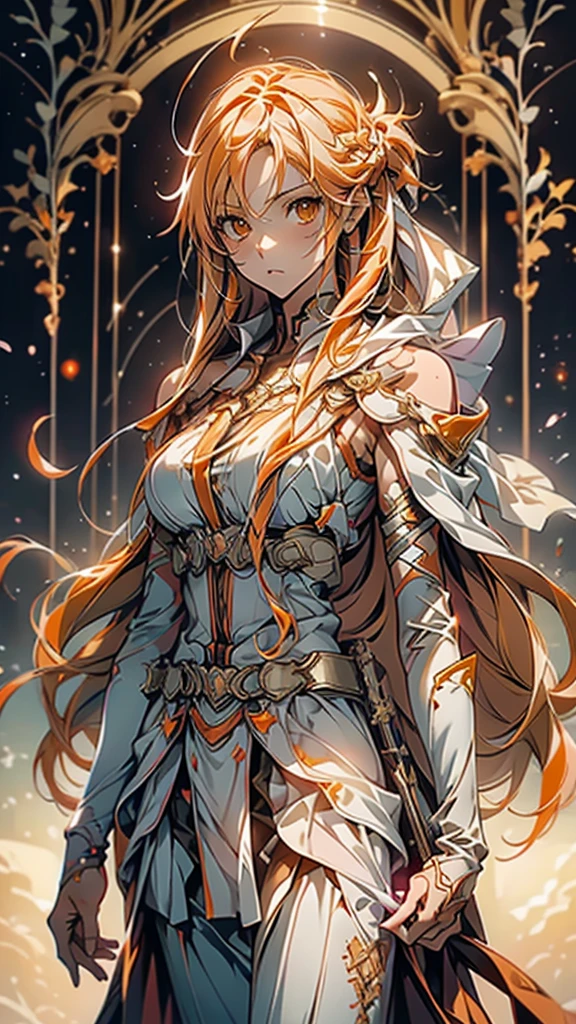 masterpiece, Best Quality, Mischievous girl ,  has long orange hair and orange eyes  ,  Yuuki in the anime girl's white armor and white pants costume ,  Yuki in costume  from Sword Art Online,  Yuki in costume  , Torn Armor, Underarm Details , Detailed aspect ,  detailed eyes on board, 、Big Breasts、  has a sword in her hand 、Angel's Four Wings  、  Has a Sword 