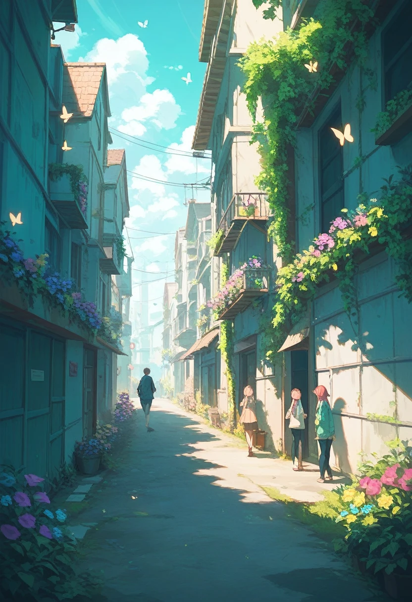   Making an alley small enough for people to pass through . Green leaves make arches .  Mysterious, soft light is passing through .  Flying butterflies shine in the colors of auroras.  colorful flowers are blooming on both sides of the road .