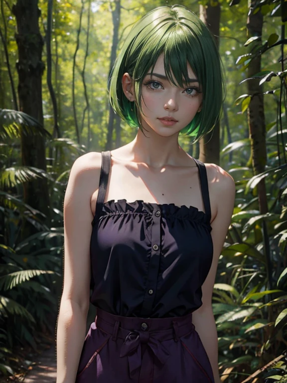 girl, 17 years old, ligh green hair, short haircut, purple eyes, short overalls, tattoed arm,, half naked, sexy clothing, sensual, in dark forest, holding chainsaw, looking at viewer, sinister sensual smiling, no underwear , blood in the body