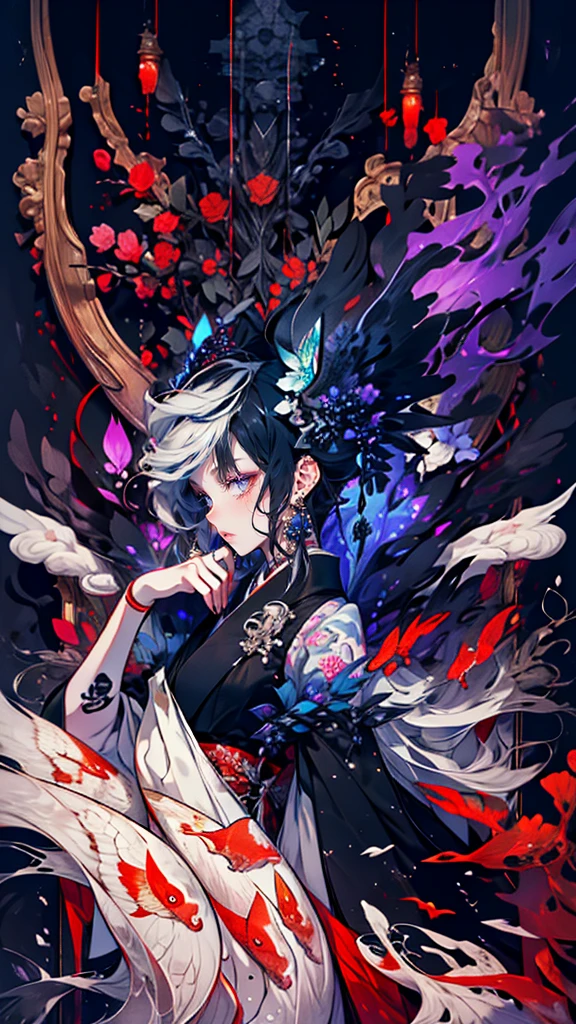 In a macabre combination of beauty and horror, a nightmarish lustrous kitsune emerges from the depths of a gouache painting. This image, meticulously crafted with vivid colors and intricate brushstrokes, portrays a mythical creature from Japanese folklore. The kitsune's gleaming fur, an ethereal mix of midnight black and shimmering silver, seems to possess a sinister glow. Its mesmerizing golden eyes, filled with an unsettling intelligence, peer through the canvas with an otherworldly intensity. The eerie tranquility of the scene is enhanced by the delicate wisps of fog that wrap around the kitsune's body, blurring its boundaries with the surrounding darkness. This hauntingly alluring artwork captures the viewer's attention, inviting them to delve into the enigmatic realms of the supernatural.