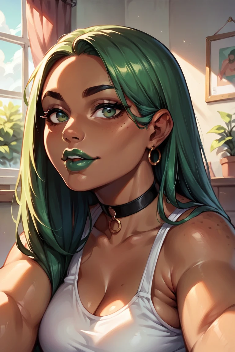 beautiful woman, ((african skin)), green hair, long hair, ((school)), green lipstick, black choker, green eyes, portrait, chubby, sensual look, posing
