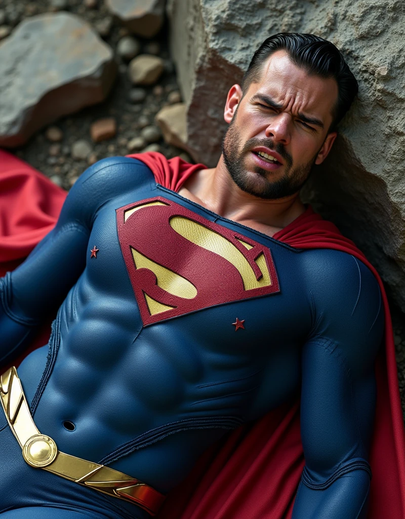 muscular attractive Nicholas Alexander Chavez with an undercut haircut combed back, short beard, wearing blue, form-fitting Superman suit with gold accents in the waistband, his chest displays the iconic "S" symbol. Superman's traditional red cape is present, attached to the shoulder and flowing behind him, lies on a rocky floor leaning against a rock, sore, with his mouth slightly open, he appears weak and in pain. Expression of pain. blood on his face and abs
