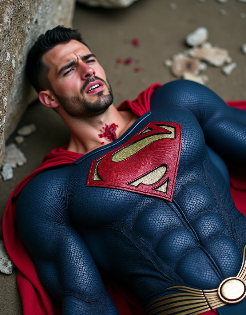 muscular attractive Nicholas Alexander Chavez with an undercut haircut combed back, short beard, wearing blue, form-fitting Superman suit with gold accents in the waistband, his chest displays the iconic "S" symbol. Superman's traditional red cape is present, attached to the shoulder and flowing behind him, lies on a rocky floor leaning against a rock, sore, with his mouth slightly open, he appears weak and in pain. Expression of pain. blood on his face and abs
