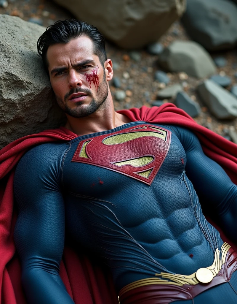 muscular attractive Nicholas Alexander Chavez with an undercut haircut combed back, short beard, wearing blue, form-fitting Superman suit with gold accents in the waistband, his chest displays the iconic "S" symbol. Superman's traditional red cape is present, attached to the shoulder and flowing behind him, lies on a rocky floor leaning against a rock, sore, with his mouth slightly open, he appears weak and in pain. Expression of pain. blood on his face and abs
