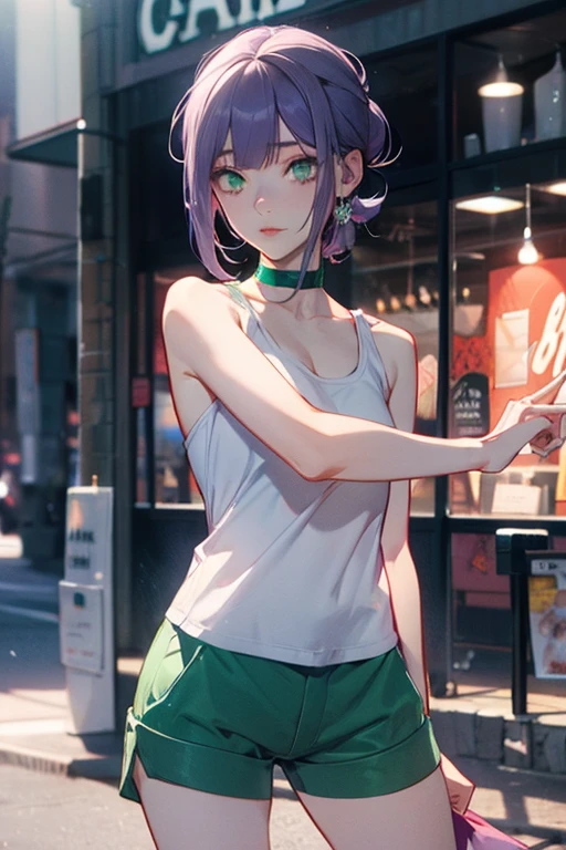 gonzarez, masterpiece, 1girl, solo ,  medium hair, purple hair, purple eyes, camisole, skirt