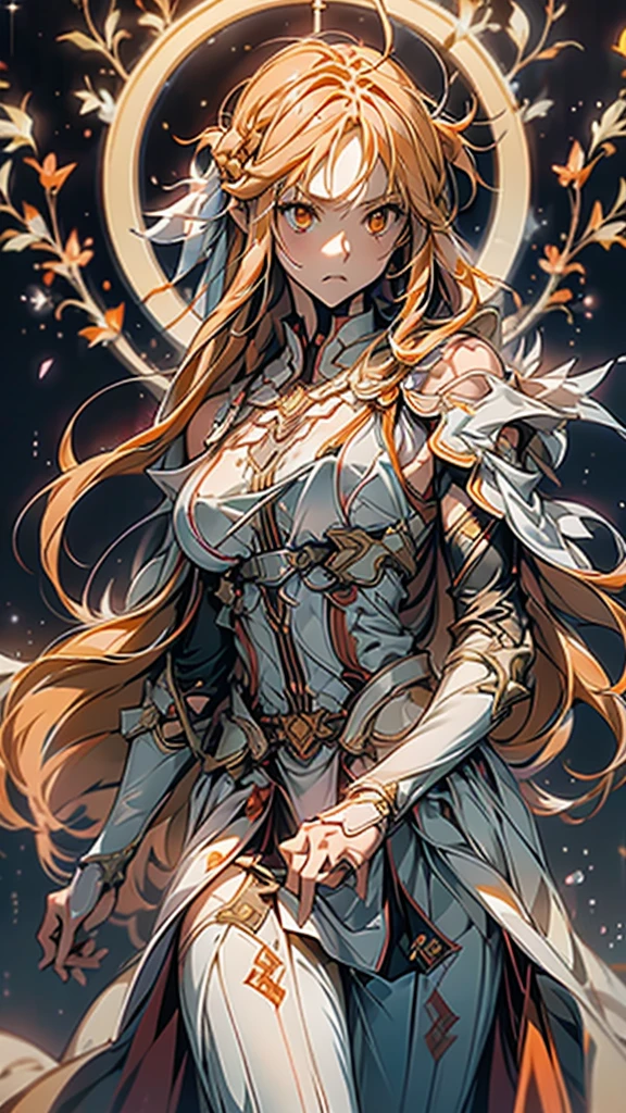 masterpiece, Best Quality, Mischievous girl ,  has long orange hair and orange eyes  ,  Yuuki in the anime girl's white armor and white pants costume ,  Yuki in costume  from Sword Art Online,  Yuki in costume  , Torn Armor, Underarm Details , Detailed aspect ,  detailed eyes on board, 、Big Breasts、  has a sword in her hand 、Angel's Four Wings  、Big feather、I have a sword in my hand、 Sword Art Online 、Asuna