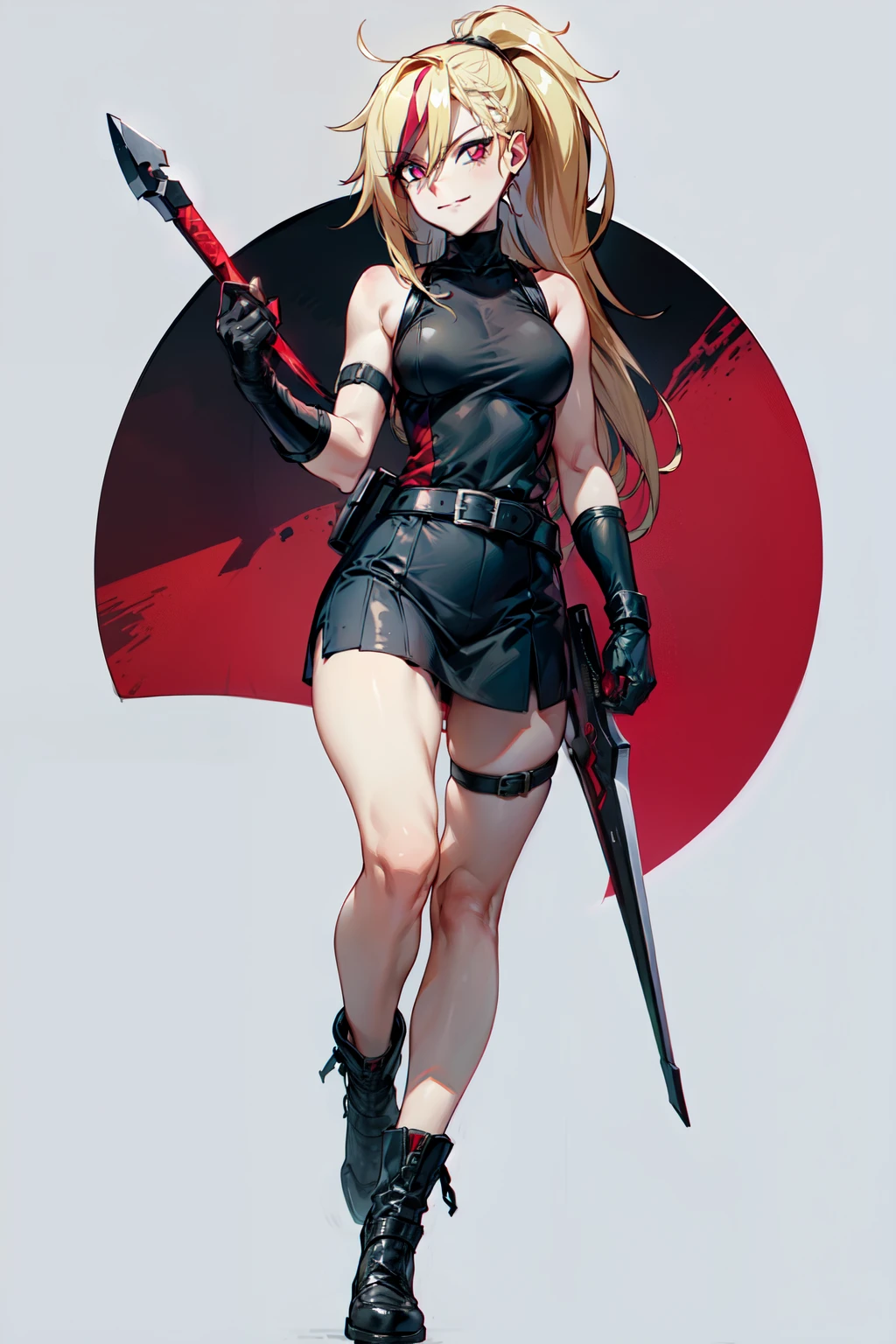 (masterpiece, best quality:1.2), red glowing eyes, perfect face, highres, 1 girl, solo, ultra long ponytail, (female:1.5), strife, blonde hair, shoulder armor, sleeveless turtleneck, suspenders, belt, gloves, bracer, evil smile, standing, portrait, looking at viewer, giant sword on the back, long leather boots, fullbody shot