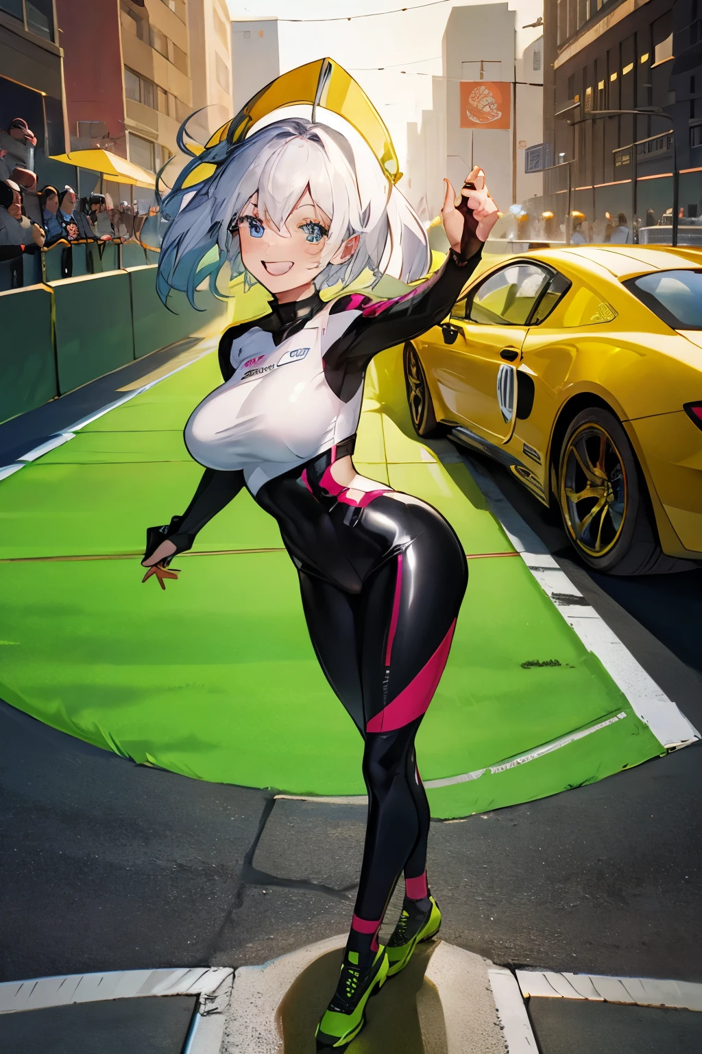 (best quality,highres),Tess Darret,Pole Position,holding a race helmet in hands,standing inside of her race car,smiling,anime style,bright colors,dynamic lighting,shiny finish,energetic pose,attention to detail,sparkling eyes,long flowing hair,wearing a racing suit,checkered flag pattern on the car,exciting atmosphere,vivid expressions