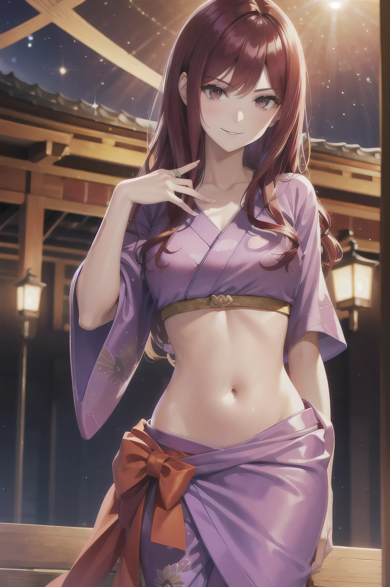 my grandmother、 Shiny Maroon Hair , long hair, ( pretty brown eyes 、 Sparkling Eyes, Fine grain)、smile、 super detailed eyes 、 very detailed face, highly detailed eyes, cowboy shot、masterpiece, Best Quality, Only for women, midriff, navel, stomach、Alone、 （ Colorful Yukata :1.2)、(Light Kimono :1.3)、smile、( perfect body :1.2)、 Dynamic Poses、Shrine Background、 Night Background、 by Michelangelo、 Ulzan-6500-v1.1