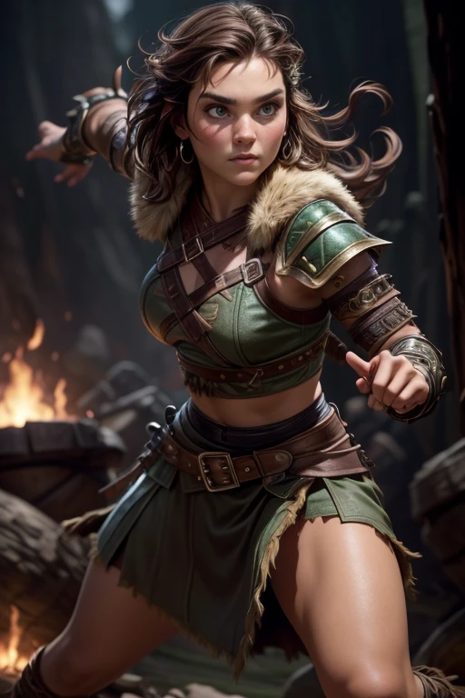  Young Viking woman , warrior, short brown hair, thick eyebrows,  green eyes, brown leather armor,  strappy leather top , fur skirt, fierce expression, heroic stance,  looking at the camera , fierce expression, Combat stance,  masterpiece , super detail,  lyrics,  Natural lighting,  sharp focus, Epic character composition.