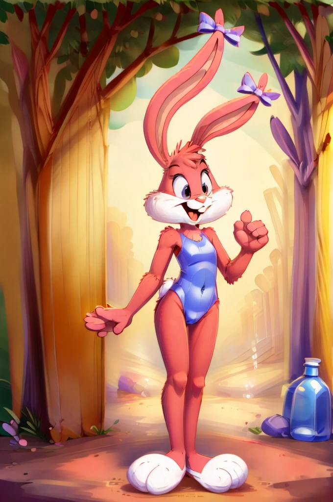 Rabbit is a full-length cartoon girl slim skinny in a tight lycra swimsuit on the beach with a happy face, big feet, bows on the ears