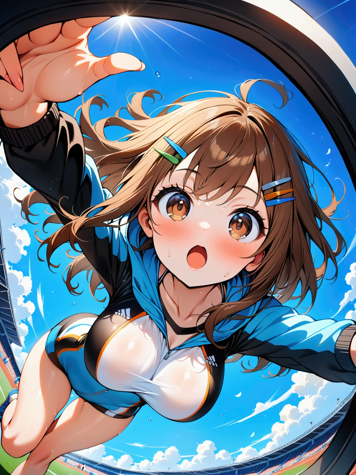 (8 year old Japanese girl naked,Lewd),sky diving,Heart Eyes,Sexy eyes excited ahegao'Eyes wearing silver-white mirrored lens sunglasses、I looked at the world reflected in the lenses of my sunglasses..(Side Pony,Colorful Hair),