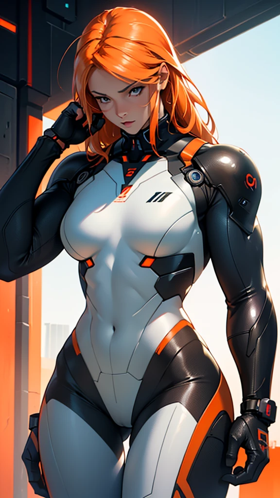 Beautiful cybernetic girl detailed muscles realistic masterpieces full figure pose (best quality,ultra-detailed), dfferent hairs styles, pale orange hair, fair skin, fit body, slim figure, narrow waist, large buttocks, (cocky expression), wearing a full carbon fiber cybernetic mobile battle suit