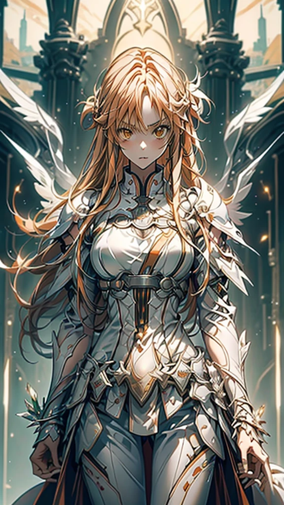 masterpiece, Best Quality, Mischievous girl ,  has long orange hair and orange eyes  ,  Yuuki in the anime girl's white armor and white pants costume ,  Yuki in costume  from Sword Art Online,  Yuki in costume  , Torn Armor, Underarm Details , Detailed aspect ,  detailed eyes on board, 、Big Breasts、  has a sword in her hand , Angel's Four Wings  , Big feather、I have a sword in my hand、 Sword Art Online 、Asuna