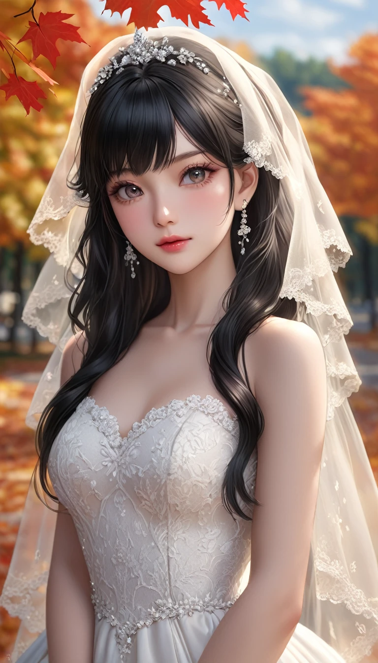 masterpiece,   high resolution on down ,   anatomically correct , 最 high quality,   high detail ,  high definition model ,   very detailed,   high quality,  Ultra High Definition,   Textured Skin, Realistic Skin, Delicate skin, Jet Black Hair, Permanent wave hair,  Sparkling Eyes,  high resolution on downの目, Adult women, textured lips,
 has a faint smile, 
 wearing a wedding dress, I'm wearing a veil on my head ,
Autumn leaves are falling ,
fantastic fall foliage background