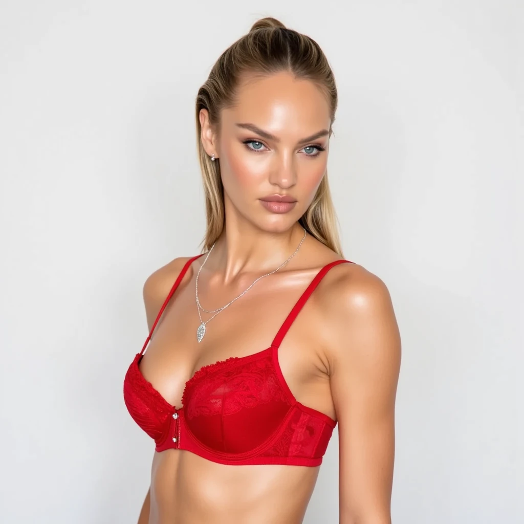 beautiful blonde dressed sexy lingerie red lace posed sexy on her bed and black blue eyes magnificent woman small breasts sexy fashion